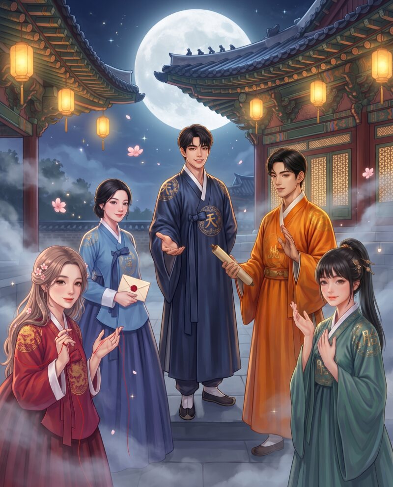 삼원각의 누각 앞에 나란히 선 다섯 명리가: 천도령, 지도령, 해선녀, 해연선녀, 태선녀